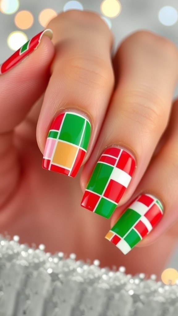 Christmas nail art with quadrate patterns in red, green, and white on a snowy background.